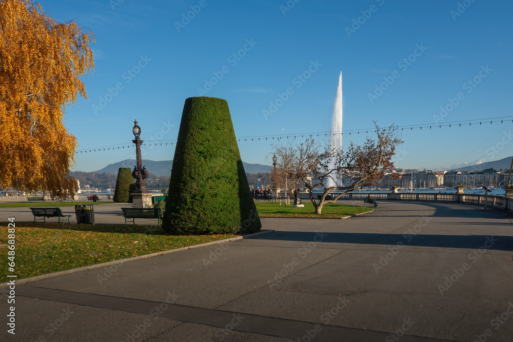 Rotonde du Mont-Blanc with Lake Geneva and Jet dEau - Geneva, Switzerland
