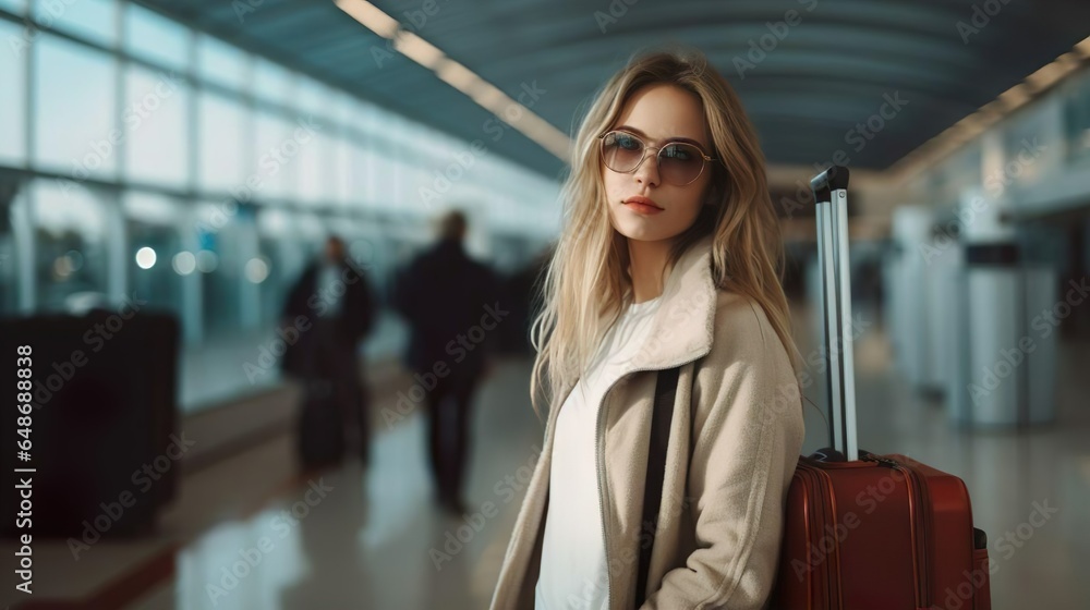 Young businesswoman with suitcase. Pretty girl tourist waiting boarding at the gate at the airport. Travel trip journey holiday weekend vacation tourism tour concept. Girl with baggage.