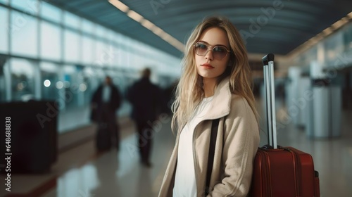 Young businesswoman with suitcase. Pretty girl tourist waiting boarding at the gate at the airport. Travel trip journey holiday weekend vacation tourism tour concept. Girl with baggage.