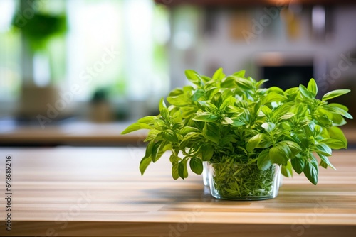 Green plants on wooden table with blurred kitchen counter background. Generative AI