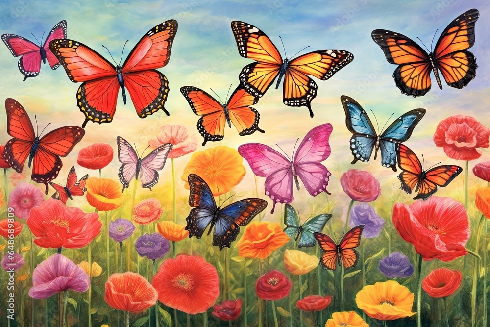 Graceful Butterflies Amidst a Field of Wildflowers: Vibrant, Rainbow-Hued Wings in a Stunning Butterfly Drawing, generative AI