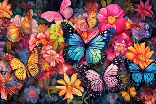 Graceful Butterflies with Luminescent Wings Fluttering Amongst a Rainbow of Blossoms: A Captivating Butterfly Drawing, generative AI © Michael