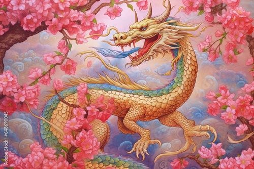 Enchanting Chinese Dragon Dancing Amidst Cherry Blossoms: A Rainbow-Scaled Masterpiece, generative AI