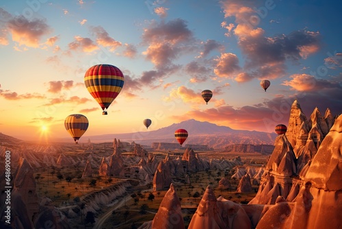 As the sun dips below the horizon, the Cappadocia air balloons take flight, casting enchanting silhouettes against the warm, dusky sky in Turkey. AI-generated.