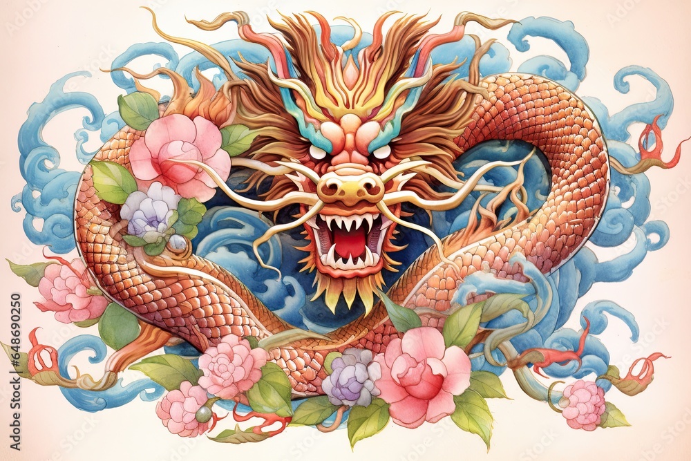 Obraz premium Power and Good Fortune Unleashed: Serpentine Splendor of Vibrant Chinese Dragon Drawings, generative AI