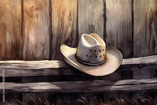 Western Tales: Evoking Stories of Vast Plains and Adventurous Cowboys through a Weathered Cowboy Hat Drawing Resting on a Wooden Fence, generative AI