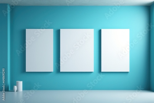 Mock up poster in a white frame on a blue wall.