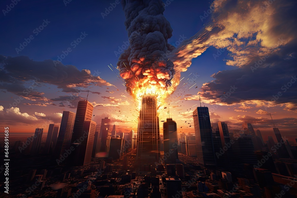 digital reconstruction of the terrorist attack on the twin towers of the New York skyline ablaze is a poignant reminder of a tragic event in American history. AI-generated.