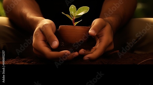 A person holding a pot with a newly sprouted plant photo