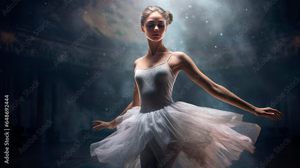 Young graceful gorgeous classical ballet female dancer ballerina in blue and white tutu is performing a choreography on classic theatre stage. Young graceful gorgeous classical ballet female dancer ballerina in blue and white tutu is performing a choreography on classic theatre stage.
