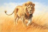 Majestic Lioness Drawing: Prowling through the Serengeti, Golden Mane Billowing in the Wind, Radiating Strength and Nobility, generative AI