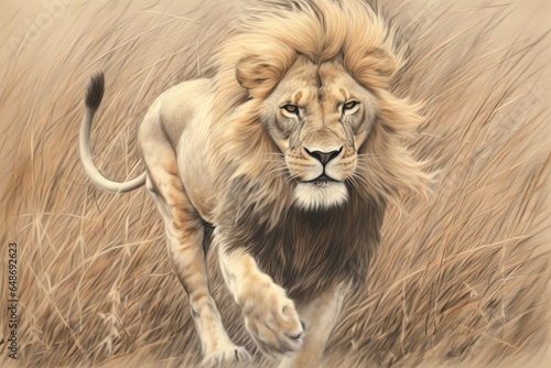 Radiating Strength and Nobility: Majestic Lioness Prowling through the Serengeti, Golden Mane Billowing in the Wind - A Stunning Lion Drawing, generative AI