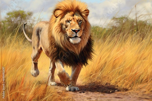 Commanding Respect in the Heart of the Savannah  A Regal Lion King with a Golden Mane and a Gentle Breeze  generative AI