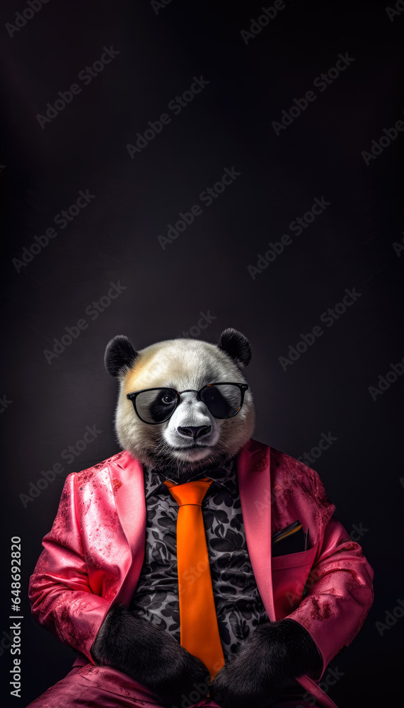 Cool looking panda bear wearing funky fashion dress - jacket, shirt, tie, sunglasses. Vertical banner with copy space above. Stylish animal posing as supermodel. Generative AI