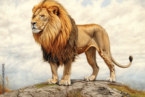 Regal Lion King  A Majestic Golden Mane Surveying His Kingdom  Exuding Power and Nobility in a Gentle Breeze  generative AI
