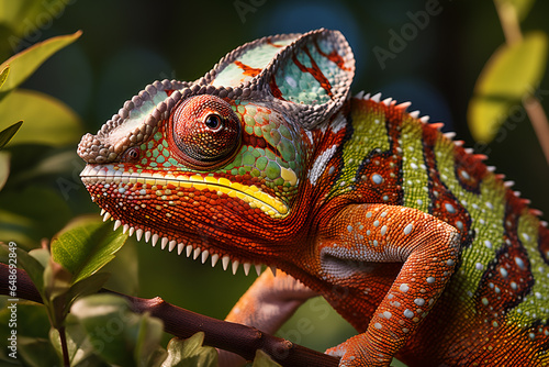 Colorful Chameleon on tree brunch. Social camouflage, Adaptation concept. Digital Ai