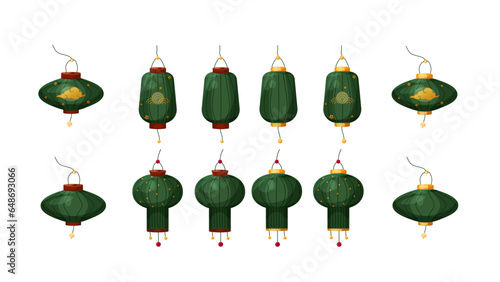 Vector set of green Chinese lanterns with and without ornaments. Symbol of Chinese New Year, Mid-Autumn Festival and Lantern festival. Cartoon style illustrations for compositions and cards