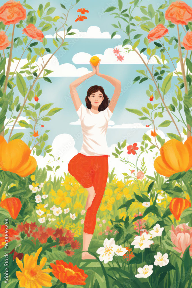color block digital illustration of a young woman doing yoga/breath work/meditation in nature for mental health/calm/stillness in a textured hand drawn style for focus/concentration/productivity color block digital illustration of a young woman doing yoga/breath work/meditation in nature for mental health/calm/stillness in a textured hand drawn style for focus/concentration/productivity