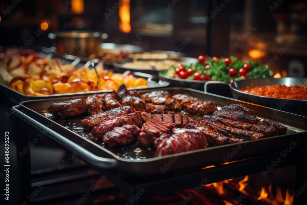 Public catering with appetizing food. Background with selective focus and copy space