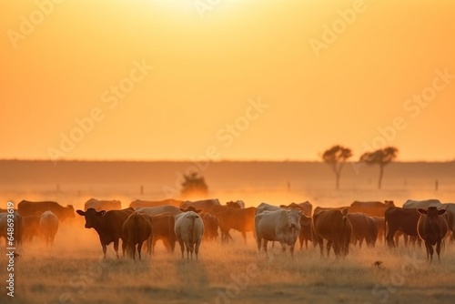 Group of bovines in expansive grassland during sunrise. Grazing freely in natural habitat. Generative AI