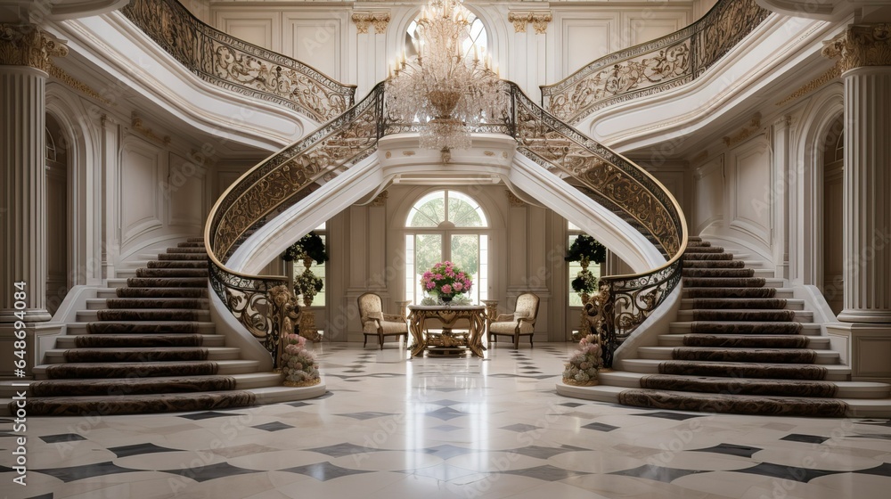 Majestic Double Staircase in Opulent Baroque Style Mansion Foyer - obrazy, fototapety, plakaty 