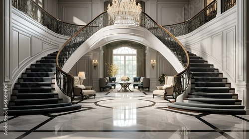 Luxurious Grand Foyer with Dual Staircases and Elegant Chandelier photo