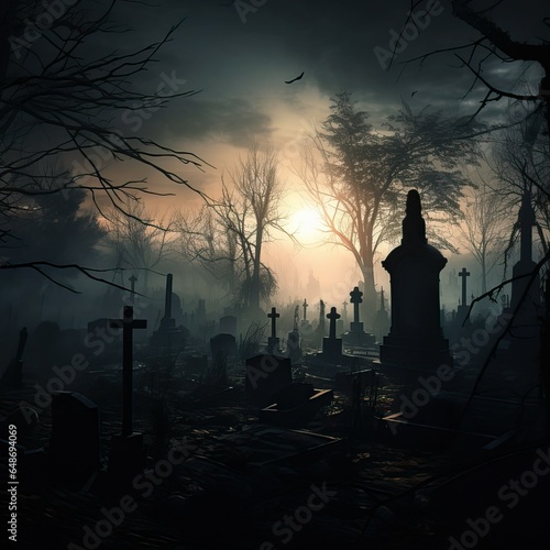 Mysterious Graveyard at Dawn with Fog and Silhouetted Crosses