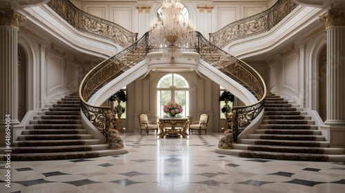 Majestic Double Staircase in Opulent Baroque Style Mansion Foyer
