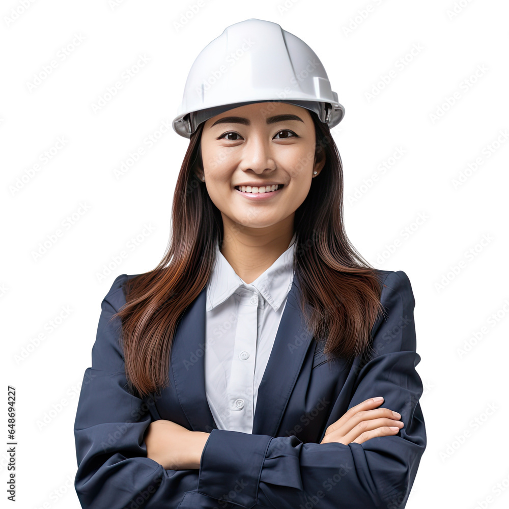 A portrait photo of an asian female engineer, isolated on white background A portrait photo of an asian female engineer, isolated on white background