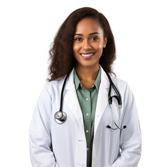 A portrait photo of a black female doctor, isolated on white background