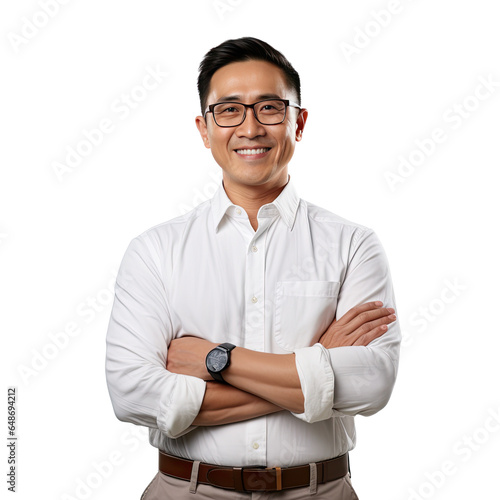 A portrait photo of an asian male teacher, isolated on white background