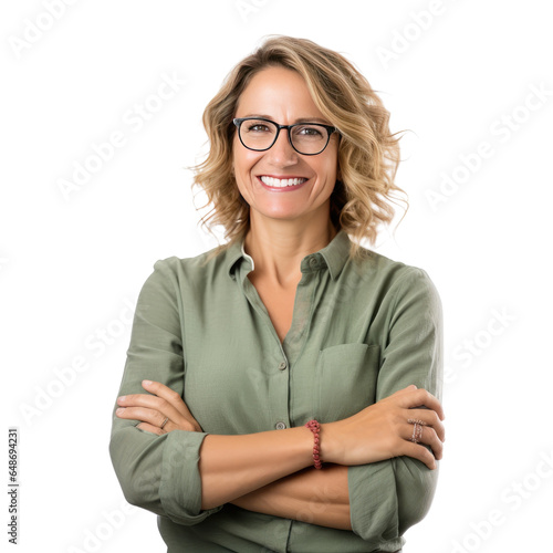 A portrait photo of a female teacher, isolated on white background