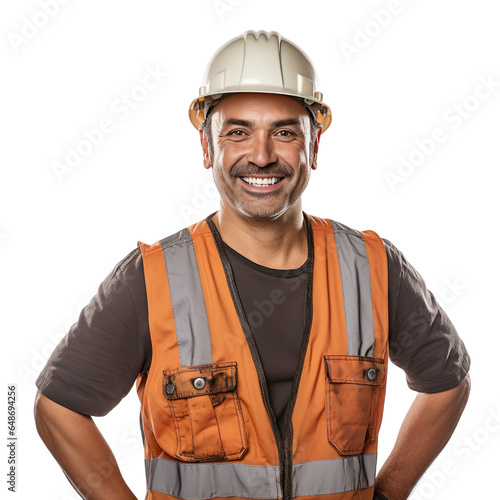 A portrait photo of a brown male construction worker, isolated on white background