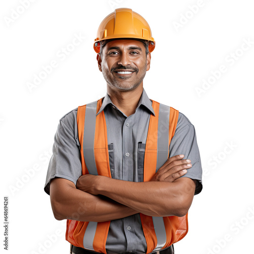 A portrait photo of a brown male construction worker, isolated on white background