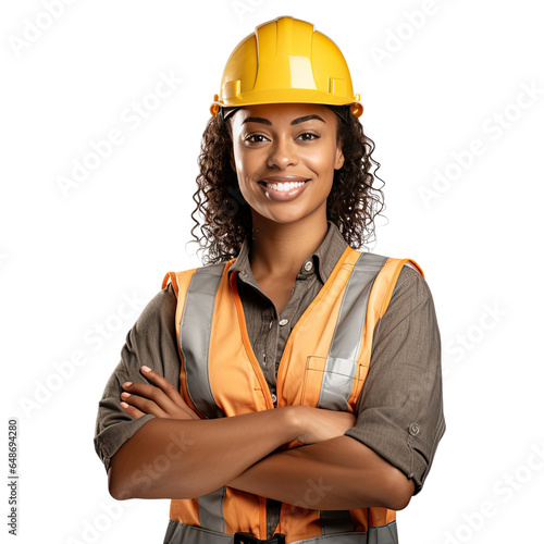 A portrait photo of a black female construction worker, isolated on white background
