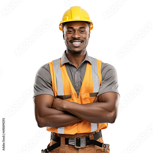 A portrait photo of a black male construction worker, isolated on white background