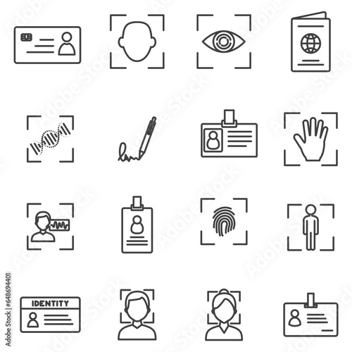 Simple Set of Biometric Related Vector Line Icons. biometric authorization, identification and verification symbols. Fingerprint recognition, eye and palm scanning, face and voice authentication.