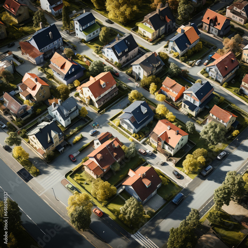 Aerial view of small settlement with terraced houses, AI generated photo