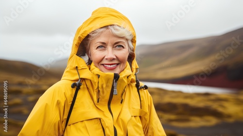 Portrait of a woman in a yellow jacket in Iceland