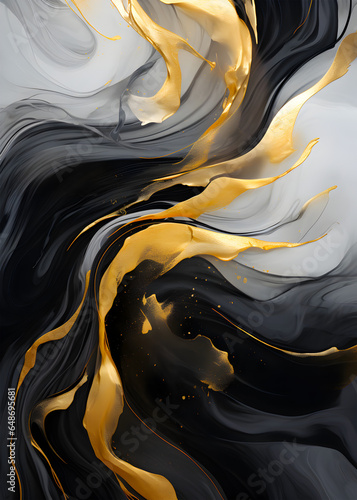 Abstract fluid black gold and white texture, marble pattern