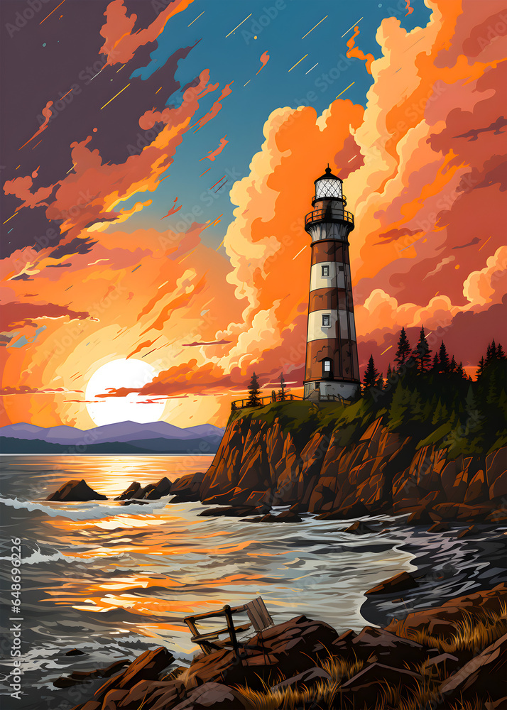 Lighthouse beacon with colorful landscape