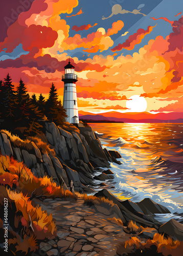 Lighthouse beacon with colorful landscape