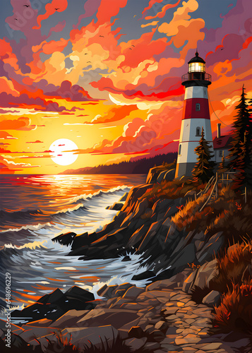 Lighthouse beacon with colorful landscape