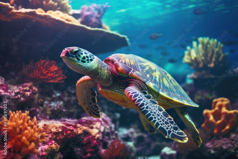 Sea turtle swims over a seabed rich with vibrant aquatic plants Sea turtle swims over a seabed rich with vibrant aquatic plants