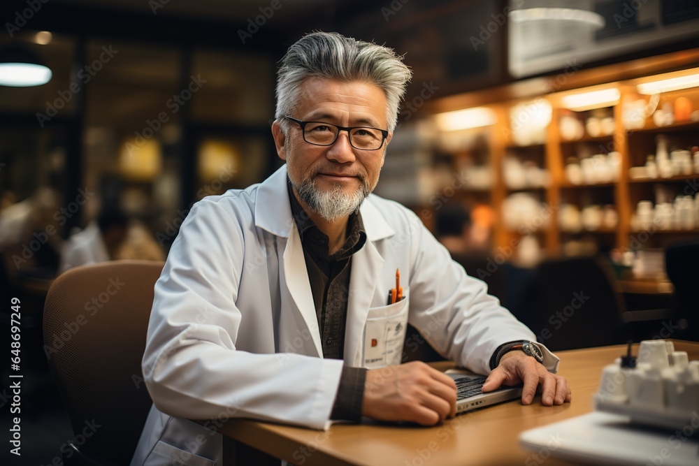 Asian doctor with glasses and lab coat looking at camera in the office,
