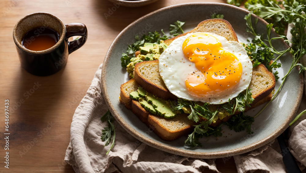 Appetizing toast with fried egg, avocado