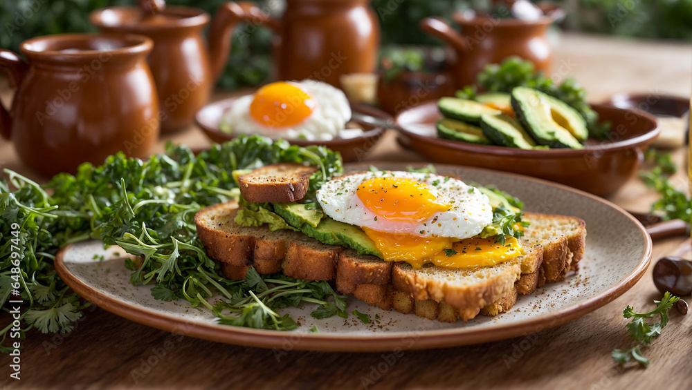 Appetizing toast with fried egg, avocado Appetizing toast with fried egg, avocado