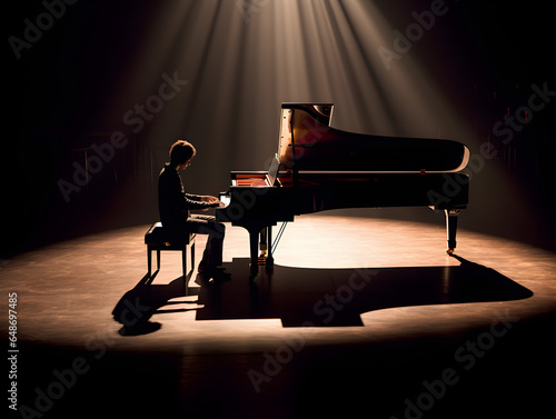 Intimate Concert Setting: Pianist Under Spotlight, Perfect for Music Event Promotion