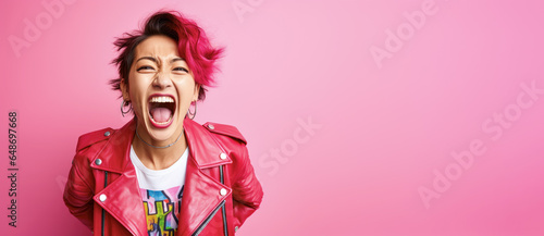 Young woman with colourful dyed hair, punk style, screaming or shouting, surprised look. Wide banner copy space on side. Generative AI