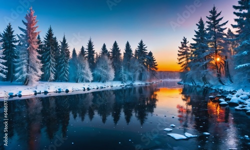Winter forest on the river at sunset.